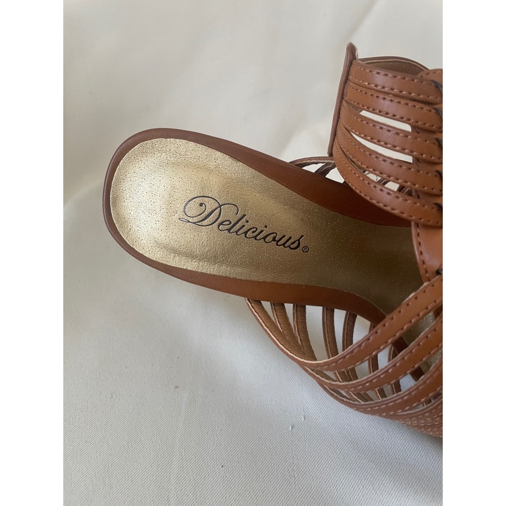 Delicious Cognac Strappy Platform Stiletto Heels Gladiator Sandals Size 8 - Picture 8 of 12